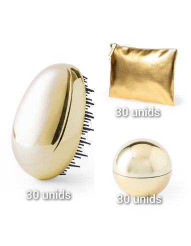 Lote grande de 90 articulos ideal para eventos 30 labiales, 30 cepillos y 30 neceseres peq color ORO