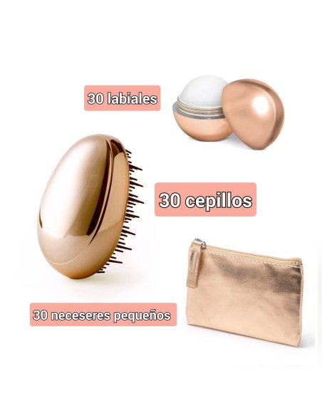 Lote de 90 articulos ideal para eventos 30 labiales, 30 cepillos y 30 neceseres peq ORO ROSA