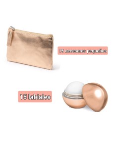 Lote de 30 articulos 15 labial + 15 neceser peq ideal para eventos ORO ROSA