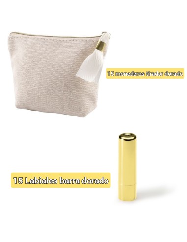 Lote 30 artículos 15 monederos tirador dorado 15 labiales en barra color ORO