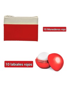 Lote 20 artículos 10 labiales esfera rojo + 10 monederos rojo pu y algodón