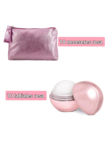 Lote de 20 articulos 10 labiales esfera rosa y 10 neceser tira ROSA