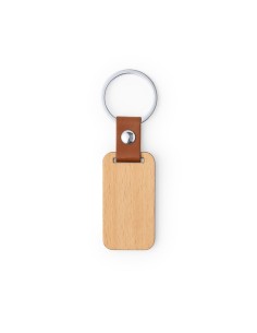 Llavero de madera rectangular con cinta de cuero