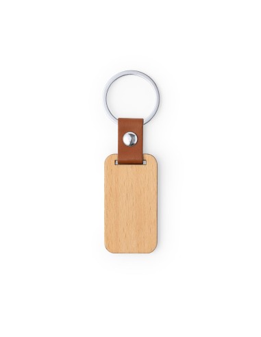 Llavero de madera rectangular con cinta de cuero