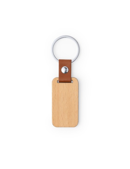 Llavero de madera rectangular con cinta de cuero
