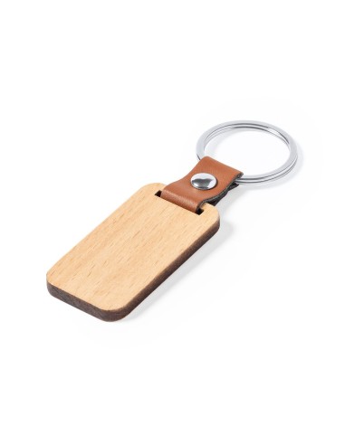 Llavero de madera rectangular con cinta de cuero
