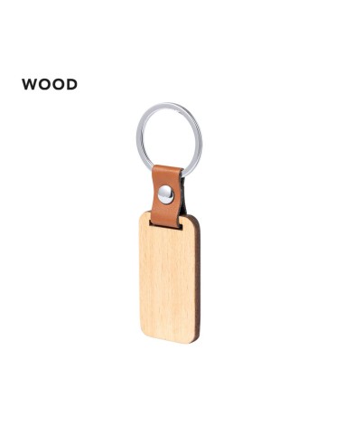 Llavero de madera rectangular con cinta de cuero