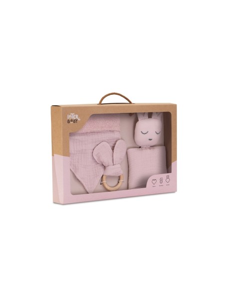 Set doudou + bandana + mordedor de musolina rosa interbaby