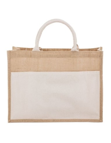 Bolsa de yute y algodon asa corta y bolsillo