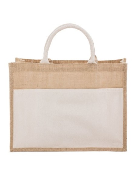 Bolsa de yute y algodon asa corta y bolsillo