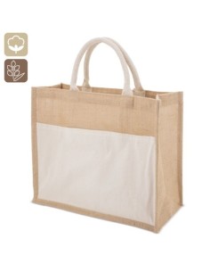 Bolsa de yute y algodon asa corta y bolsillo