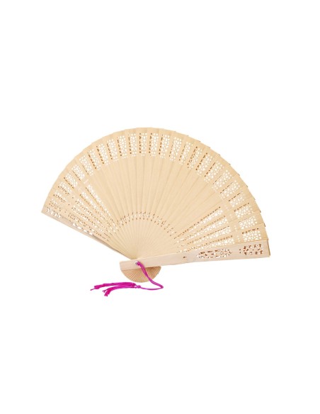 Abanico de madera con pompon rosa fiesta bodas, comuniones