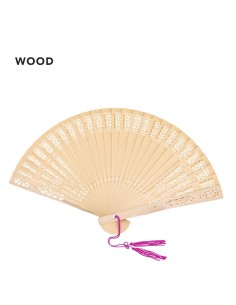 Abanico de madera con pompon rosa fiesta bodas, comuniones
