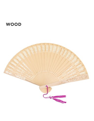 Abanico de madera con pompon rosa fiesta bodas, comuniones