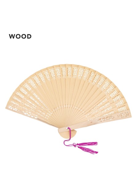 Abanico de madera con pompon rosa fiesta bodas, comuniones
